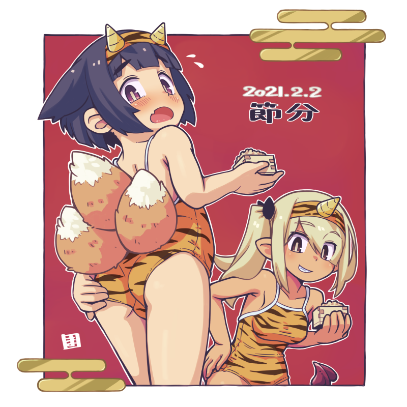2girls animal_ears animal_print bare_arms bare_shoulders beans black_hair breasts brown_hairband brown_sweater collarbone commentary_request dated demon_tail egasumi fake_horns fox_ears fox_girl fox_tail grin hairband hand_on_own_ass horns kitsune kukuri_(mawaru) light_brown_hair looking_at_viewer looking_back masu mawaru_(mawaru) medium_breasts multiple_girls one-piece_swimsuit original print_hairband print_swimsuit red_background setsubun side_ponytail single_horn smile sweater swimsuit tail tiger_print two-tone_background violet_eyes white_background