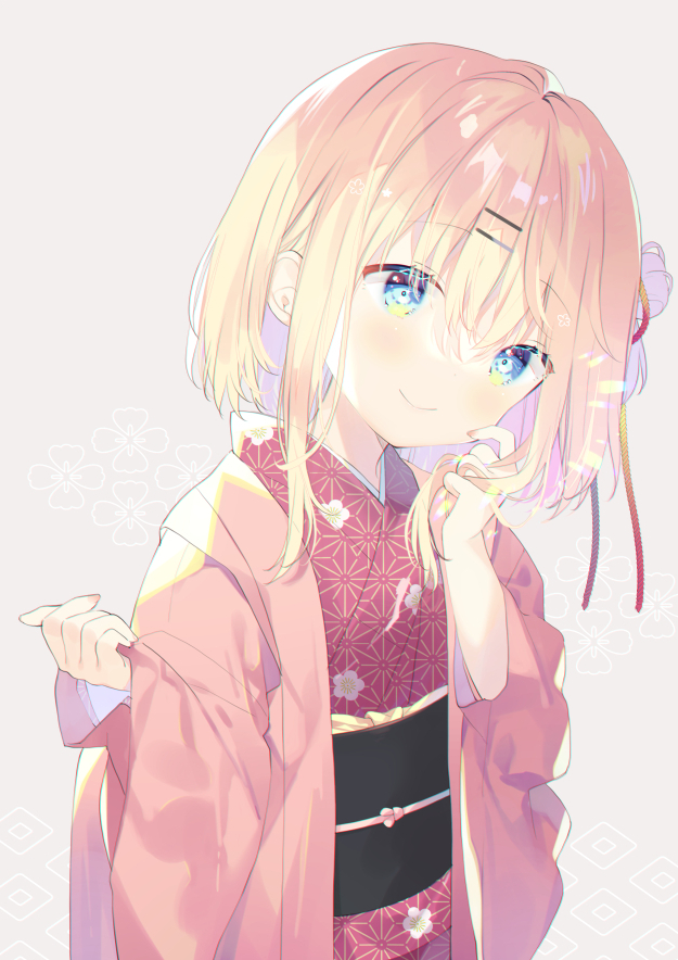 1girl bangs blonde_hair blue_eyes blush closed_mouth commentary_request eyebrows_visible_through_hair grey_background hair_between_eyes hair_bun hair_ornament hairclip hand_up japanese_clothes kimono long_sleeves looking_at_viewer mayu_(yuizaki_kazuya) obi open_clothes original pinching_sleeves red_kimono sash side_bun simple_background sleeves_past_wrists smile solo textless wide_sleeves yuizaki_kazuya