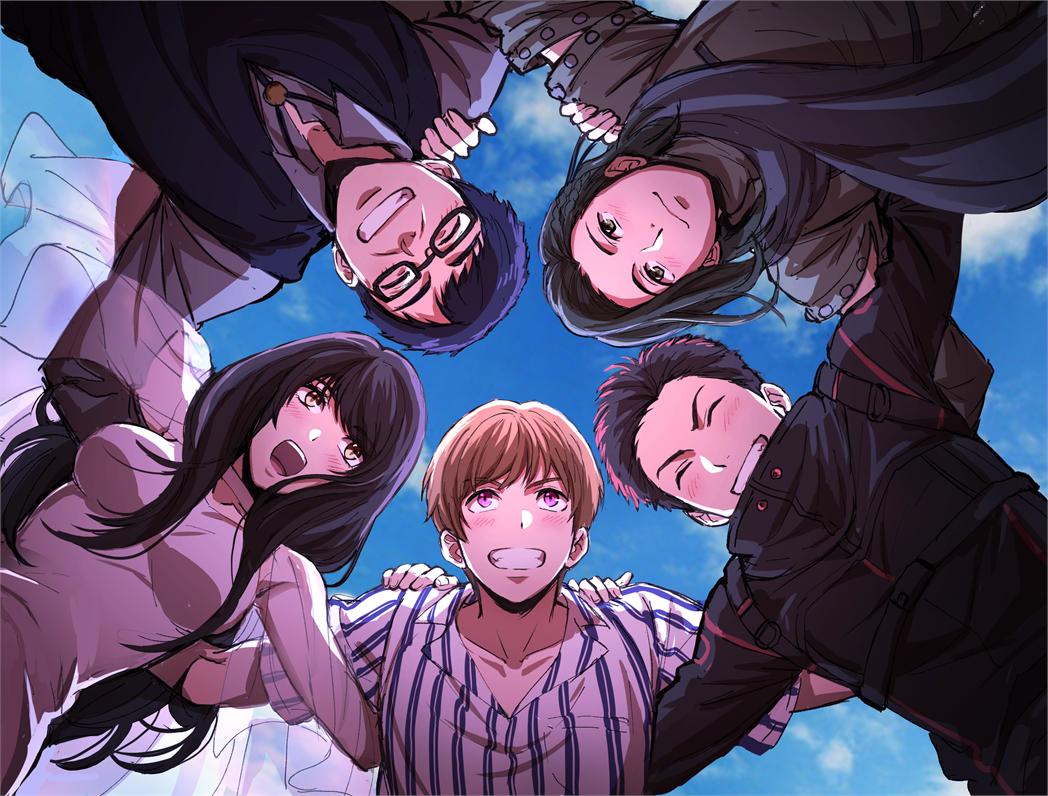 1girl 4boys black_hair black_jacket black_pants blue_sky book boots brown_hair brown_pants commentary_request crossed_arms food green_eyes green_jacket grin hat huddle jacket kamen_rider kamen_rider_zi-o_(series) light_smile long_coat mido_(byebyebye03) multiple_boys myoukouin_geiz pants pink_eyes pink_jacket pink_scarf red_eyes scarf shirt short_hair sky smile striped striped_shirt tokiwa_junichirou tokiwa_sougo trench_coat trinity_riderwatch tsukuyomi_(zi-o) watch watch woz_(kamen_rider_zi-o)