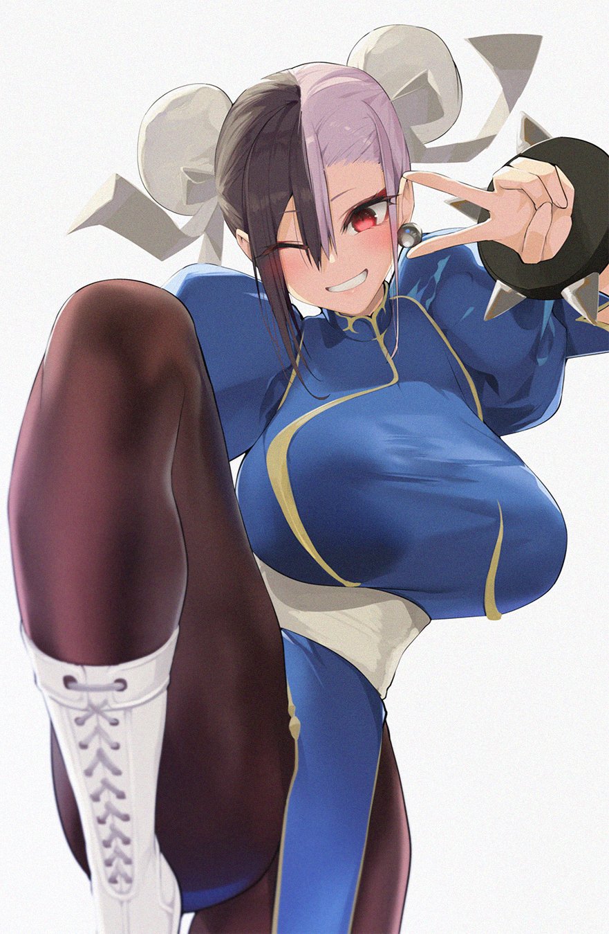 1girl bangs black_hair black_legwear blue_dress breasts china_dress chinese_clothes chun-li commentary commentary_request cosplay dress earrings grey_background hair_between_eyes highres indie_virtual_youtuber jewelry large_breasts leg_up looking_at_viewer multicolored_hair one_eye_closed pink_hair puffy_short_sleeves puffy_sleeves red_eyes satou_daiji short_sleeves simple_background solo street_fighter thighs towa_(towa_akqj10) v virtual_youtuber white_footwear