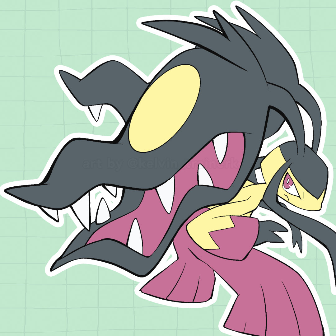 bright_pupils closed_mouth commentary frown green_background grid_background kelvin-trainerk looking_back mawile mega_mawile mega_pokemon outline pokemon pokemon_(creature) solo squatting twitter_username violet_eyes watermark white_pupils