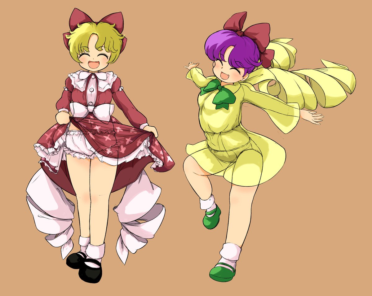 1980s_(style) 2girls :d ^_^ ayana_(touhou) bad_id bad_twitter_id black_footwear blonde_hair bloomers bow closed_eyes clothes_lift commentary_request dress dress_lift full_body green_bow green_footwear happy juliet_sleeves long_sleeves mary_janes midriff_peek multiple_girls navel open_mouth orange_background panties puffy_sleeves purple_hair red_bow rengeteki_(touhou) retro_artstyle see-through_dress shoes short_hair simple_background smile socks standing takemoto_izumi_(style) touhou touhou_(pc-98) underwear white_bow yatyou yellow_dress