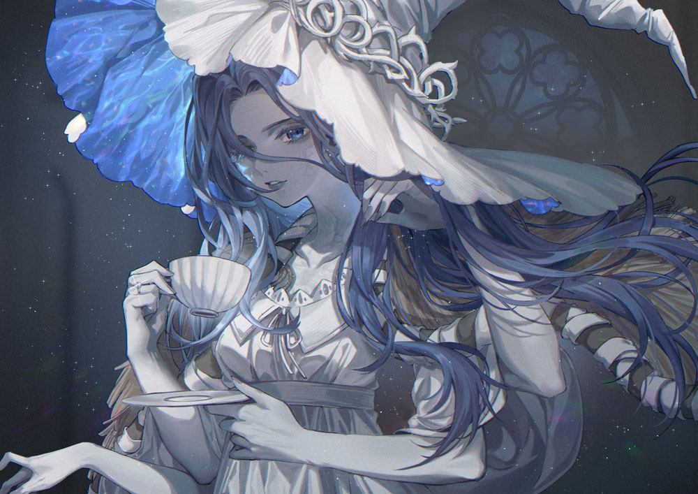 1girl alice_(mcaredor) blue_eyes blue_hair blue_skin cloak colored_skin cracked_skin cup dress elden_ring extra_arms fur_cloak hat long_hair looking_at_viewer one_eye_closed ranni_the_witch simple_background smile solo tea teacup white_dress white_headwear witch witch_hat