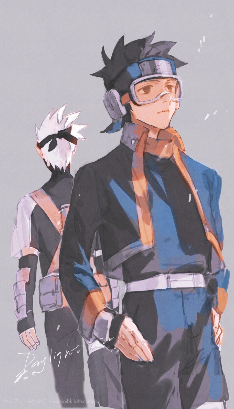 2boys back black_hair closed_mouth commentary_request daylight919 detached_sleeves forehead_protector from_behind goggles hands_on_hips hatake_kakashi highres jacket konohagakure_symbol looking_to_the_side male_focus mask mouth_mask multiple_boys naruto naruto_(series) pants short_hair uchiha_obito white_hair younger