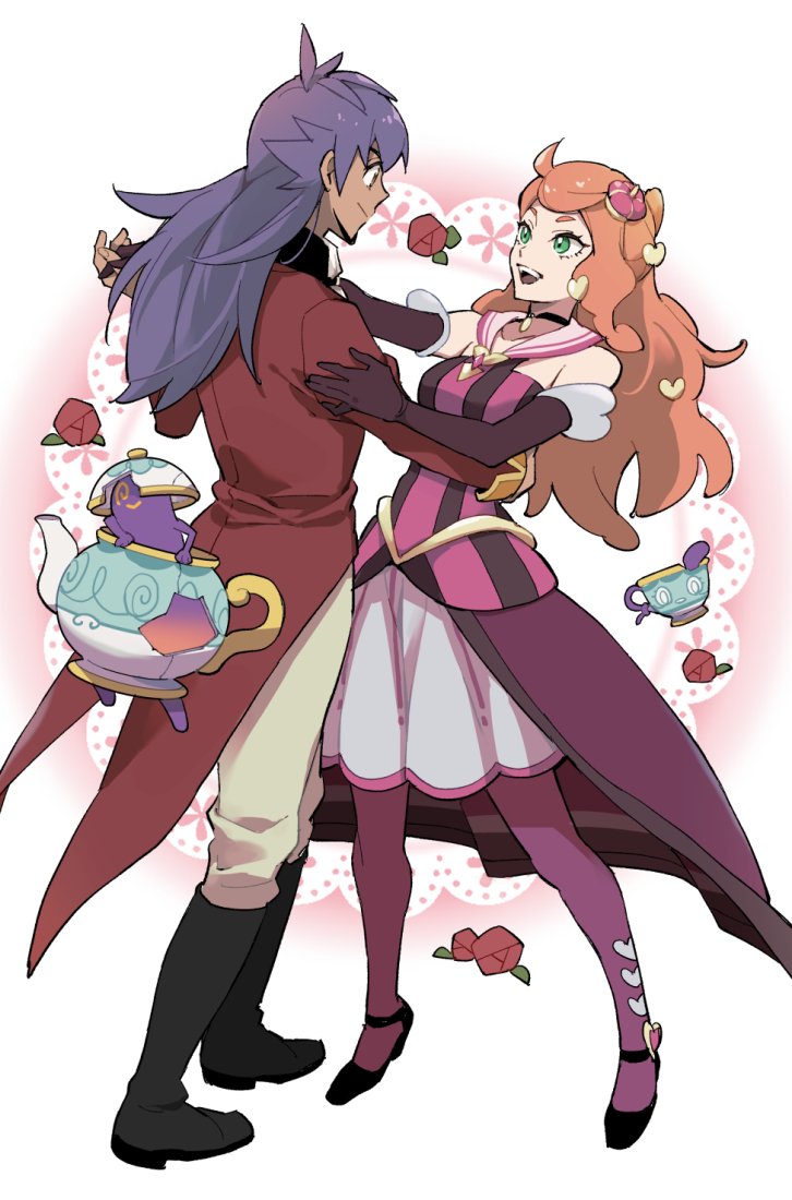 1boy 1girl :d bare_shoulders black_footwear boots closed_mouth commentary_request crack crown cup dancing elbow_gloves eyelashes flower gloves green_eyes holding_hands leon_(pokemon) long_hair long_sleeves mini_crown official_alternate_costume open_mouth orange_hair pants pantyhose pokemon pokemon_(creature) pokemon_(game) pokemon_masters_ex pokemon_swsh polteageist purple_hair purple_legwear red_flower shoes sinistea smile sonia_(pokemon) standing tailcoat teacup teapot teeth tongue upper_teeth yuden_33