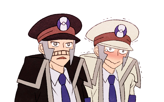 2boys black_coat black_headwear blue_necktie brothers coat dress_shirt emmet_(pokemon) gloves grey_eyes grey_hair hat high_collar ingo_(pokemon) jaho long_sideburns male_focus multiple_boys necktie peaked_cap pokemon pokemon_(game) pokemon_bw shaking shirt siblings sideburns tearing_up trench_coat twins white_coat white_headwear white_shirt