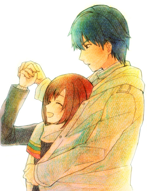 1boy 1girl bangs blue_hair bob_cut brown_hair couple from_side hand_up height_difference hetero holding_hands hug hug_from_behind laughing long_sleeves looking_at_another looking_away looking_down nishii_(pixiv4603624) outstretched_arm profile protagonist_(tokimemo_gs2) scarf shared_clothes shared_coat shiba_katsumi short_hair simple_background sweater tokimeki_memorial tokimeki_memorial_girl's_side_2nd_kiss upper_body white_background