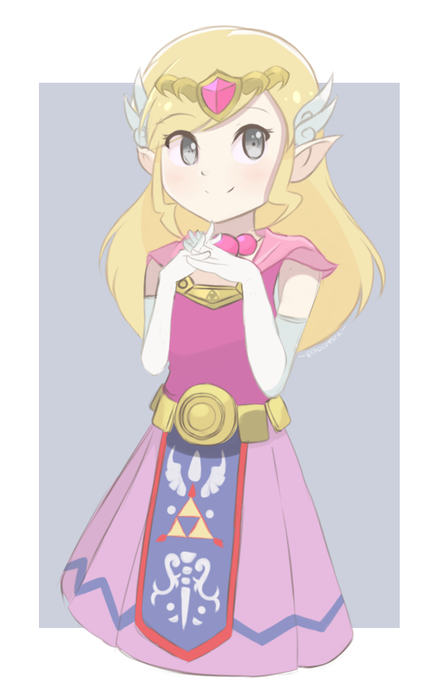 1girl belt blonde_hair chocomiru closed_mouth dress gloves grey_eyes hair_ornament jewelry long_hair looking_at_viewer pink_dress pink_skirt pointing princess_zelda skirt smile solo the_legend_of_zelda the_legend_of_zelda:_the_wind_waker