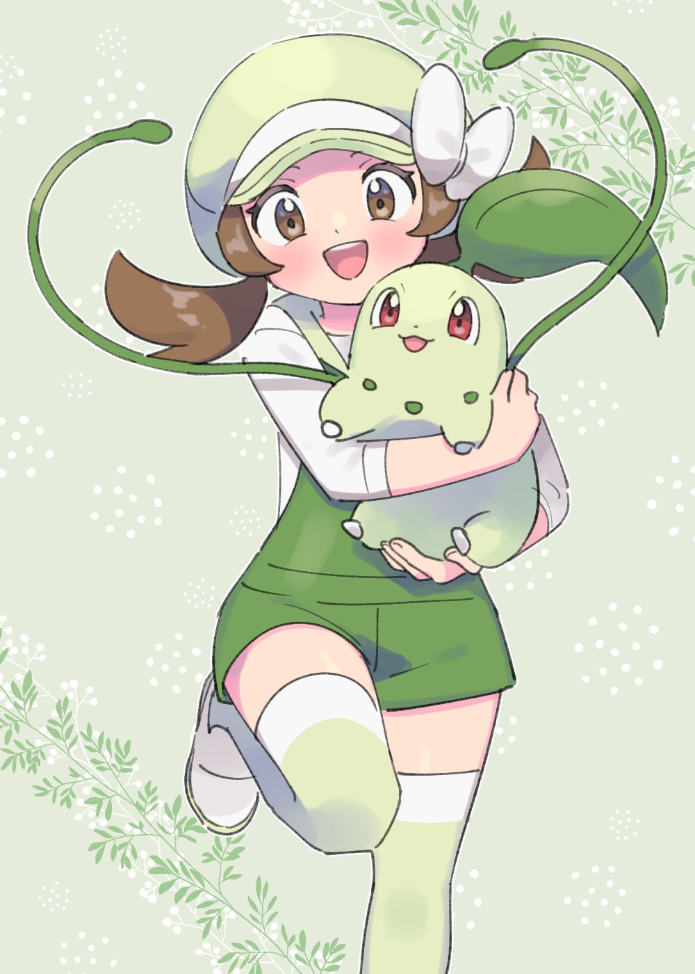 1girl alternate_color alternate_costume brown_eyes brown_hair chikorita crossed_arms green_background green_headwear green_legwear happy highres holding hug large_hat leg_up looking_at_viewer lyra_(pokemon) open_mouth overalls pokemon pokemon_(creature) pokemon_(game) pokemon_hgss pumpkinpan ribbon shirt short_twintails smile thigh-highs twintails vine_whip white_footwear white_ribbon white_shirt