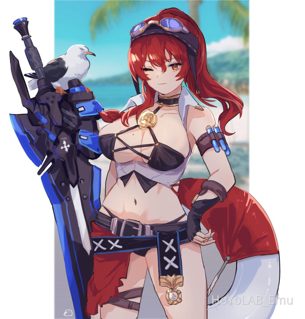 1girl alternate_costume animal bangs beach bikini bird black_bikini black_gloves blue_sky blurry blurry_background breasts cleavage_cutout closed_mouth clothing_cutout emu_(hoyolab) fingerless_gloves gloves goggles goggles_on_head honkai_(series) honkai_impact_3rd innertube large_breasts long_hair mole mole_on_breast murata_himeko murata_himeko_(arctic_kriegsmesser) navel one_eye_closed outdoors palm_tree ponytail redhead sand sky solo summer_uniform swimsuit sword tree water weapon yellow_eyes