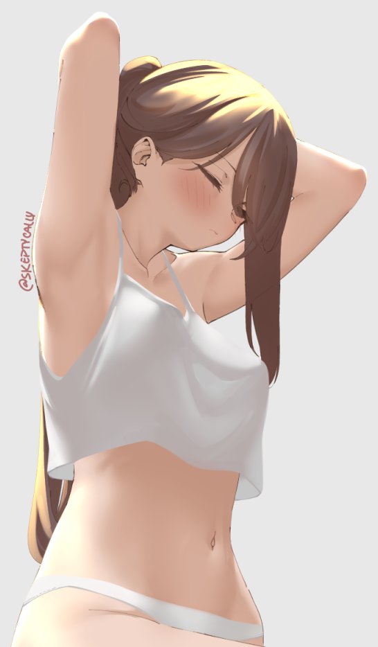 1girl armpits bare_arms blush brown_hair closed_eyes closed_mouth collarbone commentary crop_top dated_commentary grey_background long_hair navel original panties simple_background sitting skeptycally solo tank_top twitter_username tying_hair underwear white_panties white_tank_top