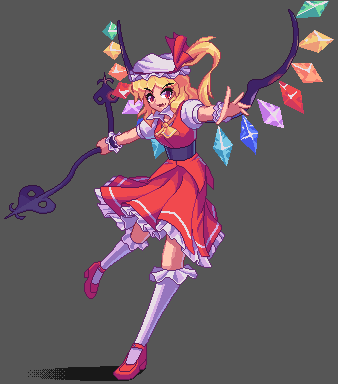 1girl :d ascot bangs black_background blonde_hair crystal fang flandre_scarlet full_body hat hat_ribbon holding laevatein_(touhou) long_hair looking_at_viewer lowres mob_cap one_side_up open_mouth pixel_art potemki11 rainbow_order red_eyes red_footwear red_ribbon red_skirt ribbon short_sleeves simple_background skirt smile solo touhou white_headwear white_legwear wings wrist_cuffs yellow_ascot
