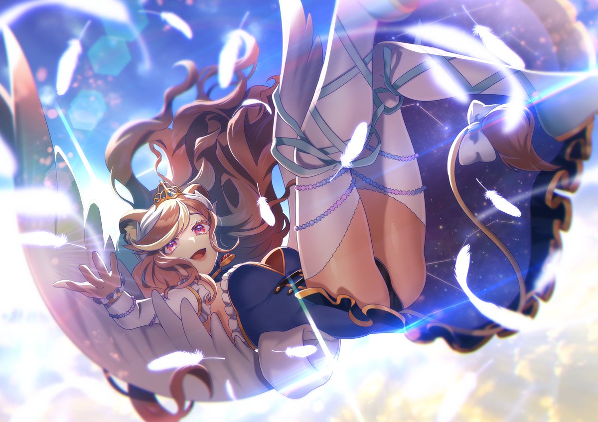 1girl animal_ear_fluff animal_ears bangs black_panties blue_dress breasts brown_hair clouds commission dress feathers floating_hair goru_e hazumi_aileen indie_virtual_youtuber lens_flare lion_ears long_hair looking_at_viewer medium_breasts open_mouth panties pantyhose red_eyes second-party_source skeb_commission sky smile solo tail tiara underwear virtual_youtuber white_background white_legwear wings