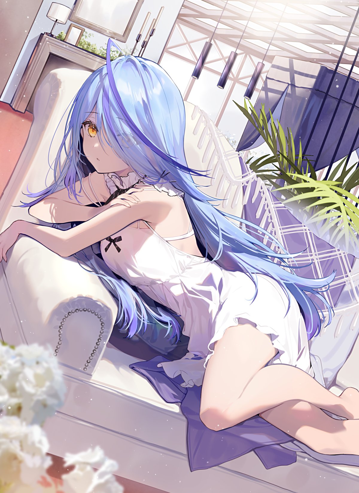 1girl bare_arms bare_legs bare_shoulders blue_hair breasts copyright_request couch dress dutch_angle expressionless eyes_visible_through_hair hair_over_one_eye highres long_hair looking_at_viewer multicolored_hair necomi novel_illustration official_art on_couch short_dress sleeveless sleeveless_dress small_breasts solo streaked_hair very_long_hair white_dress yellow_eyes