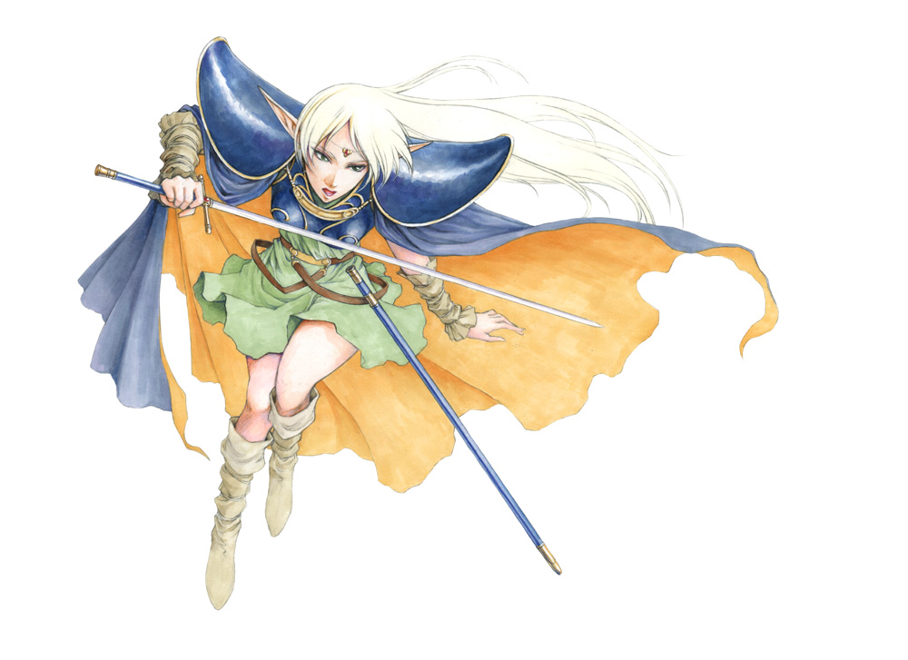 1girl aritani_mahoro blonde_hair blue_cape boots cape deedlit dress elf full_body green_dress green_eyes holding holding_sword holding_weapon long_hair marker_(medium) pointy_ears record_of_lodoss_war simple_background solo sword traditional_media weapon white_background