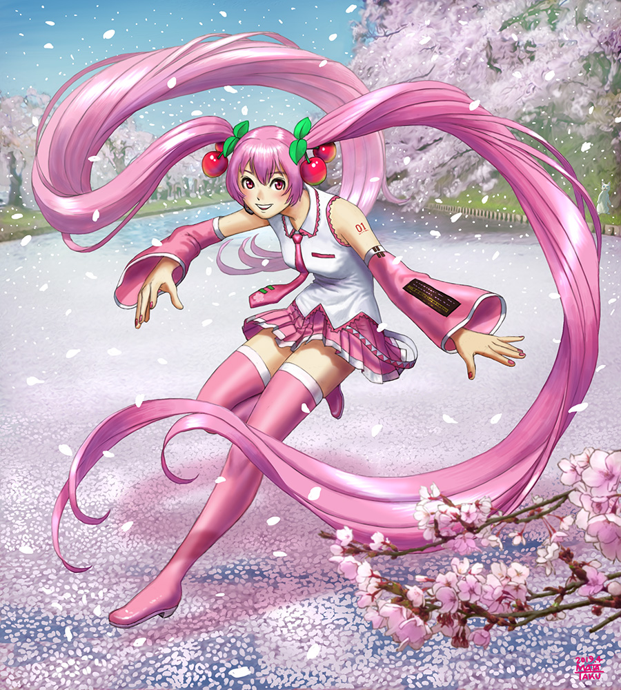 1girl alternate_color bangs blue_sky boots cherry_blossoms cherry_hair_ornament collared_shirt detached_sleeves floating_hair flower food-themed_hair_ornament full_body hair_ornament hatsune_miku long_hair long_sleeves looking_at_viewer matataku necktie outdoors parted_lips petals pink_eyes pink_flower pink_footwear pink_nails pink_necktie pink_skirt pink_sleeves plant pleated_skirt sakura_miku shadow shirt skirt sky sleeveless sleeveless_shirt smile solo standing thigh-highs thigh_boots tree twintails very_long_hair vocaloid white_shirt