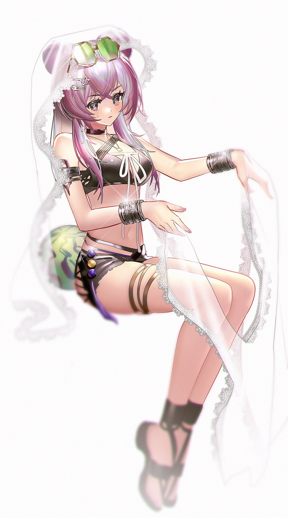 1girl animal_ears arknights bangs bare_legs bare_shoulders bikini black_bikini black_choker bracelet breasts choker commentary_request eyewear_on_head food fruit highres invisible_chair jewelry lin_yuhsia_(arknights) long_hair medium_breasts mouse_ears navel official_alternate_costume pienahenggou purple_hair sandals simple_background sitting solo stomach sunglasses swimsuit thigh_strap thighs veil violet_eyes watermelon white_background