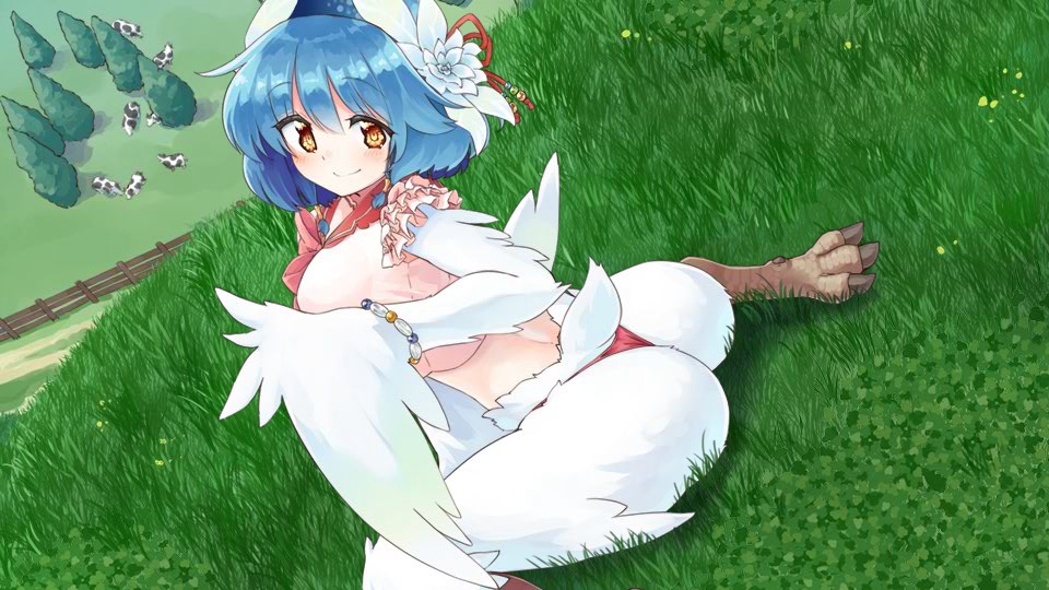 1girl artist_request bangs bird_legs bird_tail blue_hair blush cow eyebrows_visible_through_hair flower game_cg hair_between_eyes hair_flower hair_ornament hairband harpy lea_(monster_musume) looking_at_viewer midriff monster_girl monster_musume_no_iru_nichijou monster_musume_no_iru_nichijou_online official_art outdoors panties pink_panties short_hair short_tail sitting solo tail underwear wariza white_feathers white_flower white_wings wide_hips winged_arms wings yellow_eyes