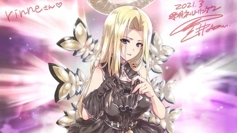 1girl black_dress blonde_hair breasts dated dress gloves halo iseria_queen kuroi_mimei long_hair looking_at_viewer open_mouth signature sleeveless smile solo space star_ocean star_ocean_the_second_story wings