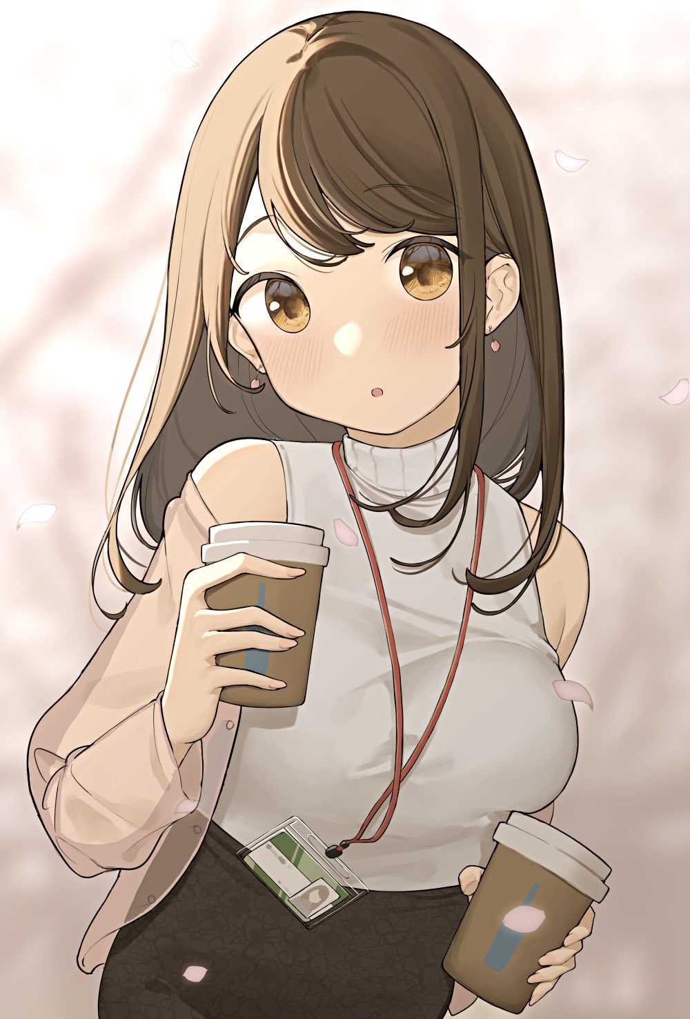 1girl bare_shoulders blush breasts brown_hair coffee_cup cup disposable_cup earrings highres id_card jewelry lanyard long_hair looking_at_viewer office_lady ol_mahonanoka open_mouth original shirt skirt solo turtleneck yellow_eyes