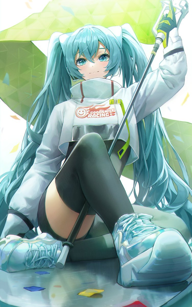 1girl aqua_eyes aqua_hair asymmetrical_legwear bangs black_bodysuit black_gloves black_legwear blue_eyes blue_hair bodysuit closed_mouth confetti cropped_jacket crossed_bangs flag flagpole gloves goodsmile_racing green_gloves hair_between_eyes hatsune_miku highres holding holding_flag jacket knee_up lisi long_hair official_alternate_costume print_jacket racing_miku racing_miku_(2022) reflective_floor shoelaces shoes single_thighhigh sitting smiley_face sneakers solo thigh-highs twintails two-tone_gloves vocaloid white_jacket