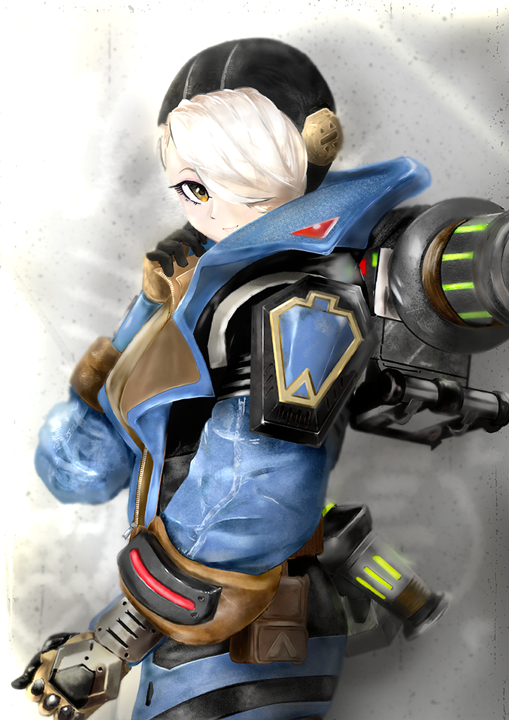 1girl animification apex_legends bangs blacky2525xx blue_headwear blue_jacket brown_eyes brown_gloves deep_current_wattson from_side gloves grey_background hand_on_own_chest highres jacket looking_at_viewer official_alternate_costume smile solo wattson_(apex_legends) white_hair