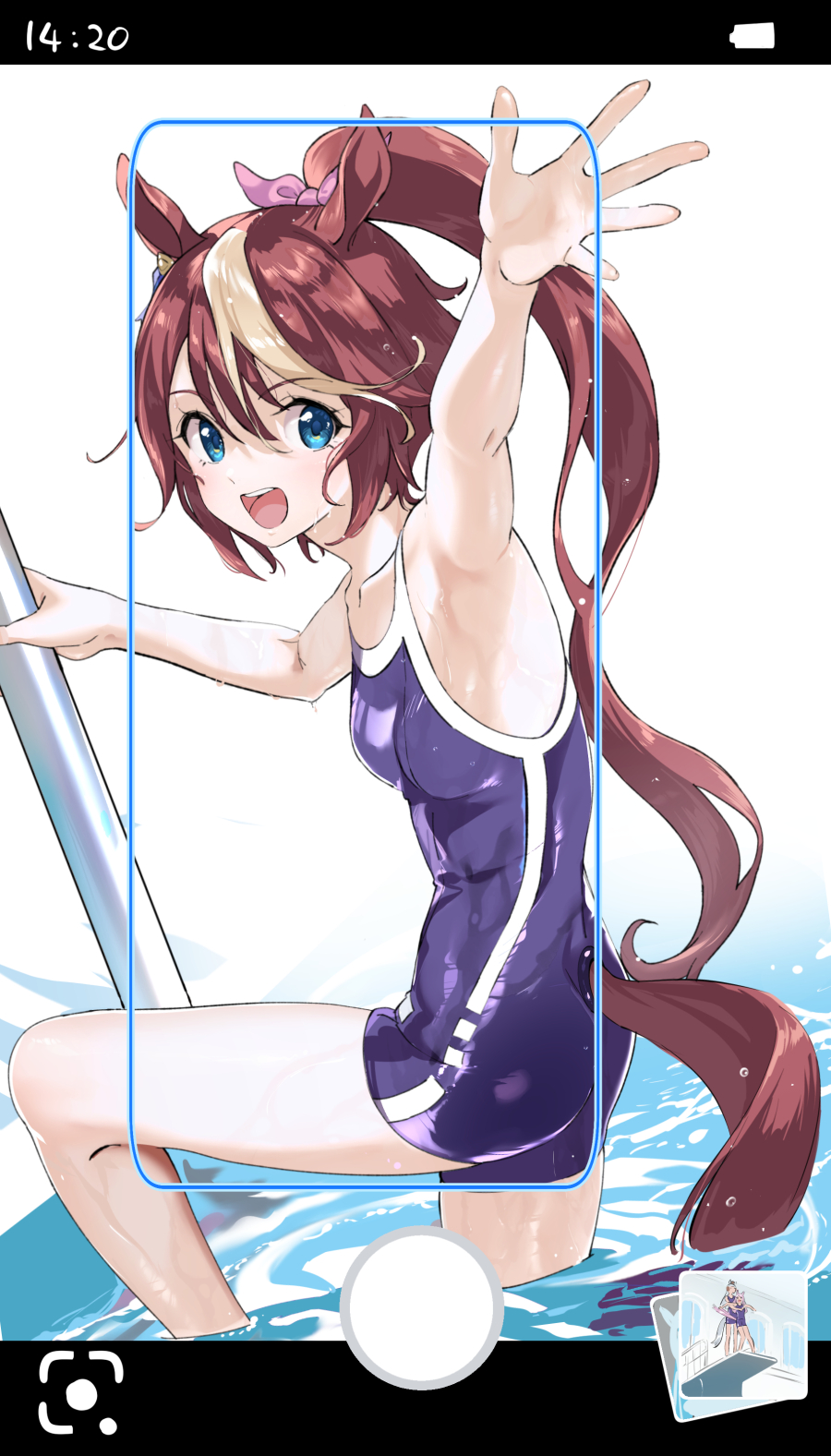 1girl animal_ears bangs bare_arms blue_eyes breasts brown_hair highres horse_ears horse_girl horse_tail long_hair looking_at_viewer misu_kasumi multicolored_hair one-piece_swimsuit open_mouth outstretched_arm phone_screen ponytail pool pool_ladder school_swimsuit small_breasts smile solo streaked_hair swimsuit tail teeth tokai_teio_(umamusume) tongue umamusume upper_teeth water wet