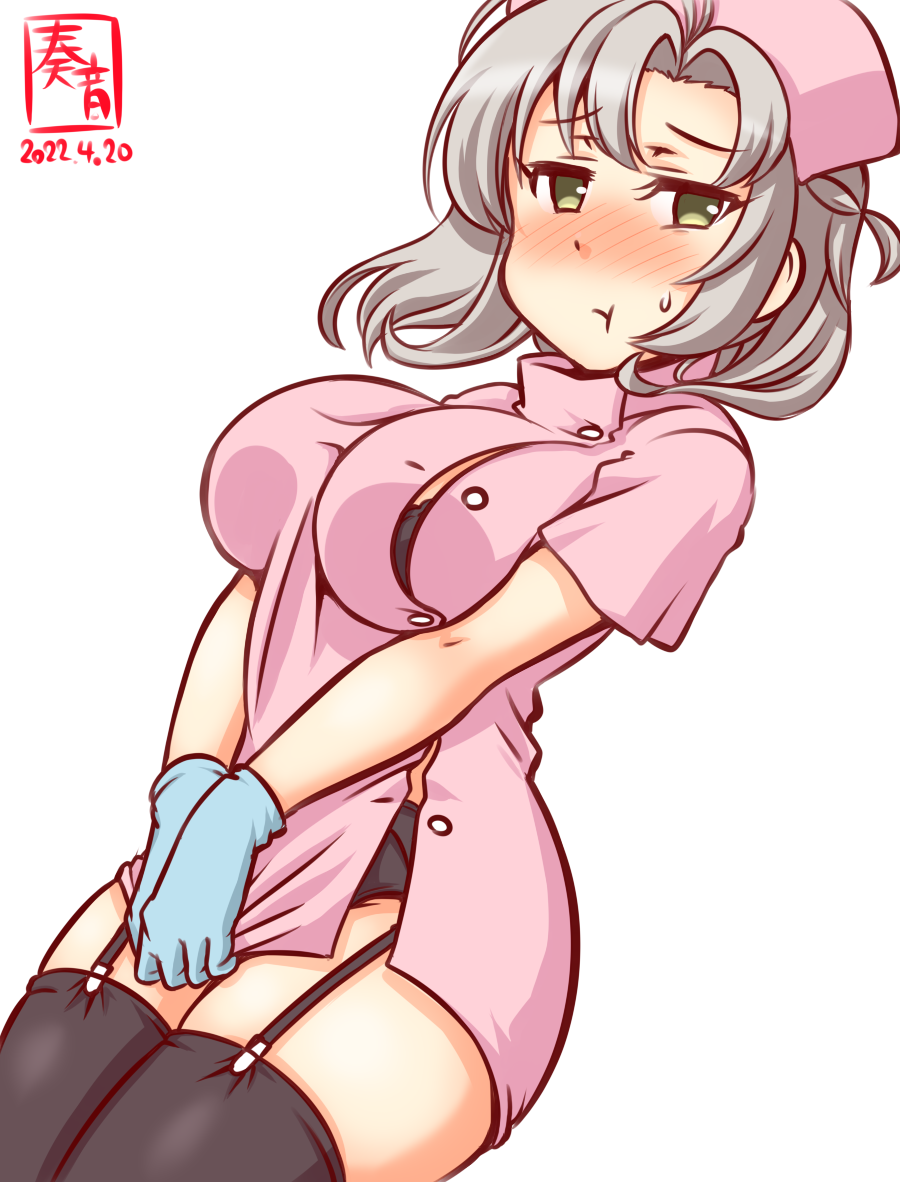 1girl alternate_costume artist_logo black_bra black_legwear black_panties bra breasts cowboy_shot dated dress gloves green_eyes grey_hair hat kanon_(kurogane_knights) kantai_collection kinugasa_(kancolle) kinugasa_kai_ni_(kancolle) nurse nurse_cap one-hour_drawing_challenge panties pink_dress rubber_gloves simple_background solo thigh-highs underwear white_background