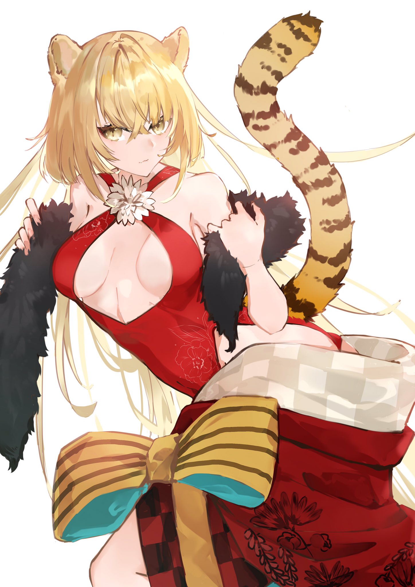 1girl animal_ears blonde_hair bow chinese_zodiac cleavage_cutout closed_mouth clothing_cutout dress feather_boa highres japanese_clothes kimono large_bow leotard looking_at_viewer medium_hair neko_(ganecooo) original red_dress red_kimono red_leotard smile solo tail tiger_ears tiger_tail year_of_the_tiger yellow_bow yellow_eyes