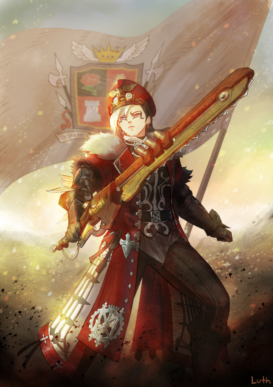 1girl banner belt black_belt black_gloves black_pants boots chainsword closed_mouth coat commissar crossover earrings final_fantasy final_fantasy_xiv flag fold-over_boots gloves hat highres holding holding_sword holding_weapon imperium_of_man jewelry lutherniel outdoors pants peaked_cap red_coat red_headwear roegadyn signature solo standing sword warhammer_40k weapon white_hair