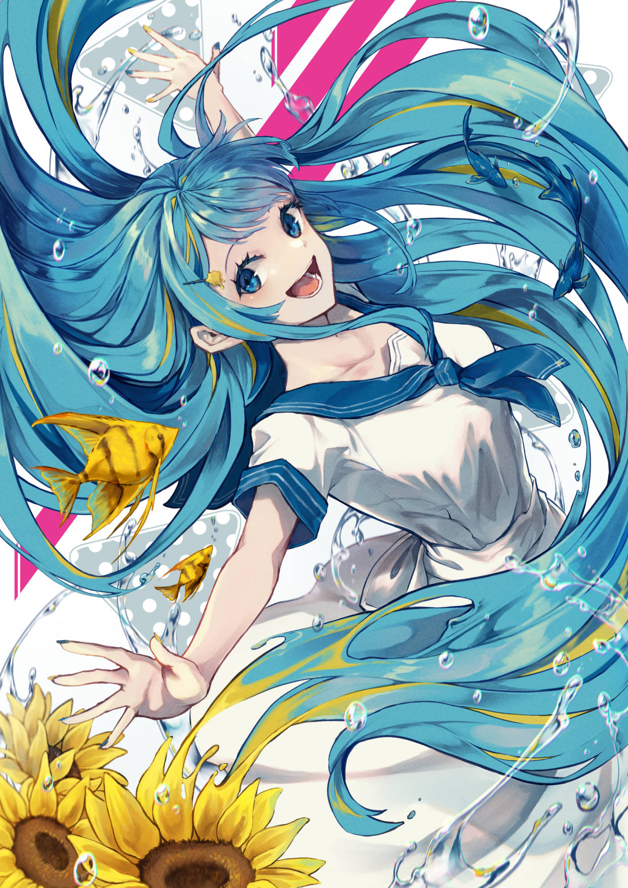 1girl aqua_hair bangs blonde_hair blue_eyes blue_sailor_collar breasts canned_rose commentary_request dress eyebrows_visible_through_hair eyelashes feet_out_of_frame fish flower highres leaning_back long_hair looking_at_viewer lower_teeth medium_breasts multicolored_hair open_mouth original outstretched_arms sailor_collar sailor_dress short_sleeves sidelocks smile spread_arms streaked_hair sunflower teeth tongue very_long_hair water_drop white_dress