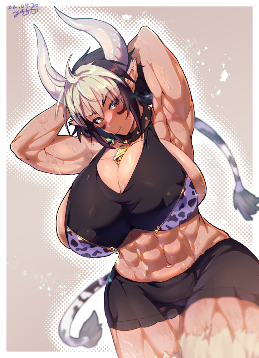 1girl abs animal_ears armpits arms_behind_head bell black_hair blush body_fur breasts cathyl commentary_request commission covered_nipples cow_ears cow_girl cow_horns cow_tail cowbell cowboy_shot dated facial_mark hair_between_eyes hands_up horns huge_breasts midriff monster_musume_no_iru_nichijou mouth_hold multicolored_hair muscular muscular_female neck_bell outline ponytail raised_eyebrow redilvirep short_hair short_shorts shorts sidelocks signature skeb_commission solo sports_bra sportswear stalk stalk_in_mouth sweat tail white_hair white_outline