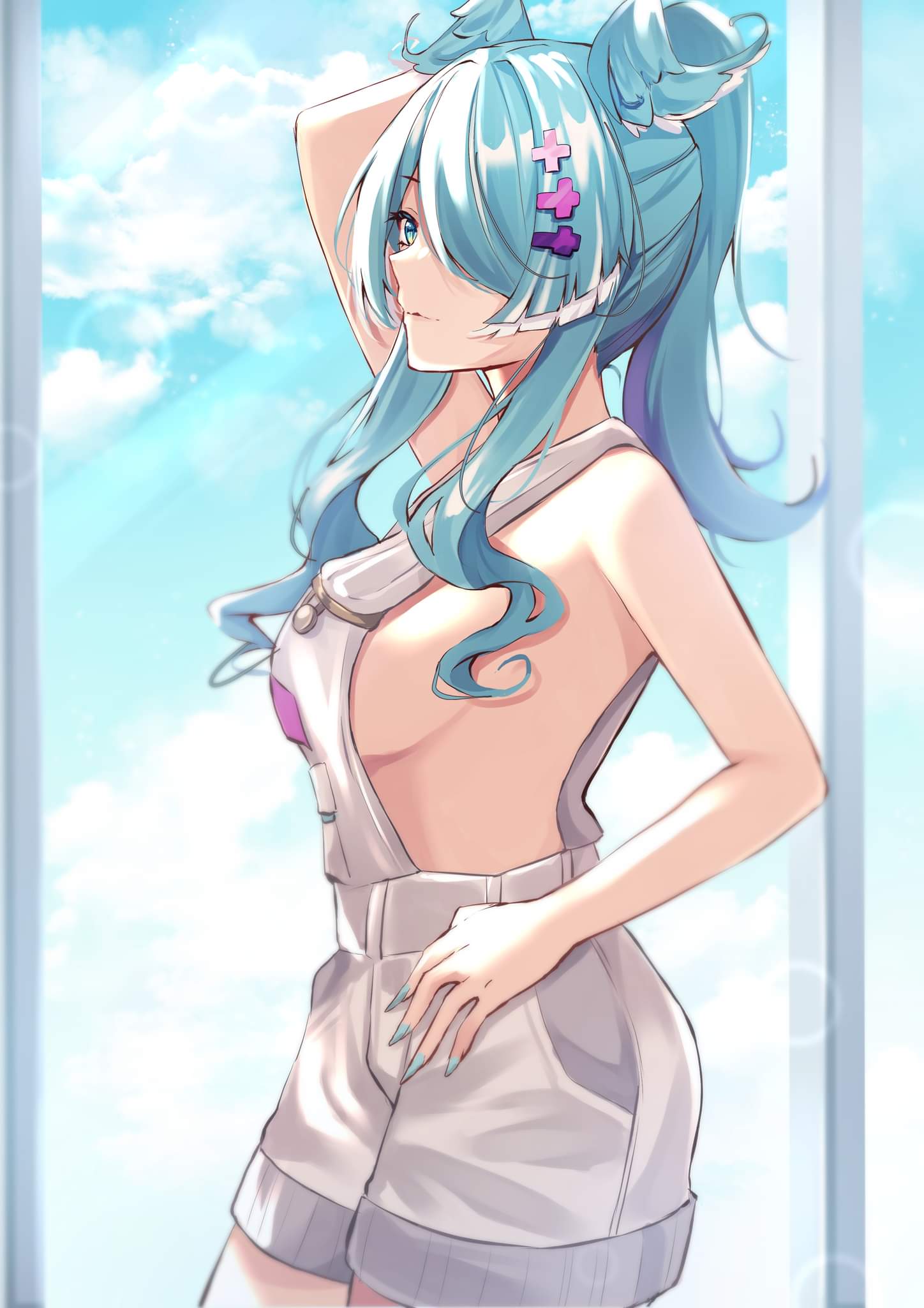 1girl arm_behind_head bangs blue_eyes blue_hair blue_nails breasts clouds elira_pendora from_side grey_overalls hair_over_one_eye hand_on_hip haruuuukuma head_wings highres medium_breasts naked_overalls nijisanji nijisanji_en one_eye_covered overall_shorts overalls ponytail sideboob sky solo virtual_youtuber window