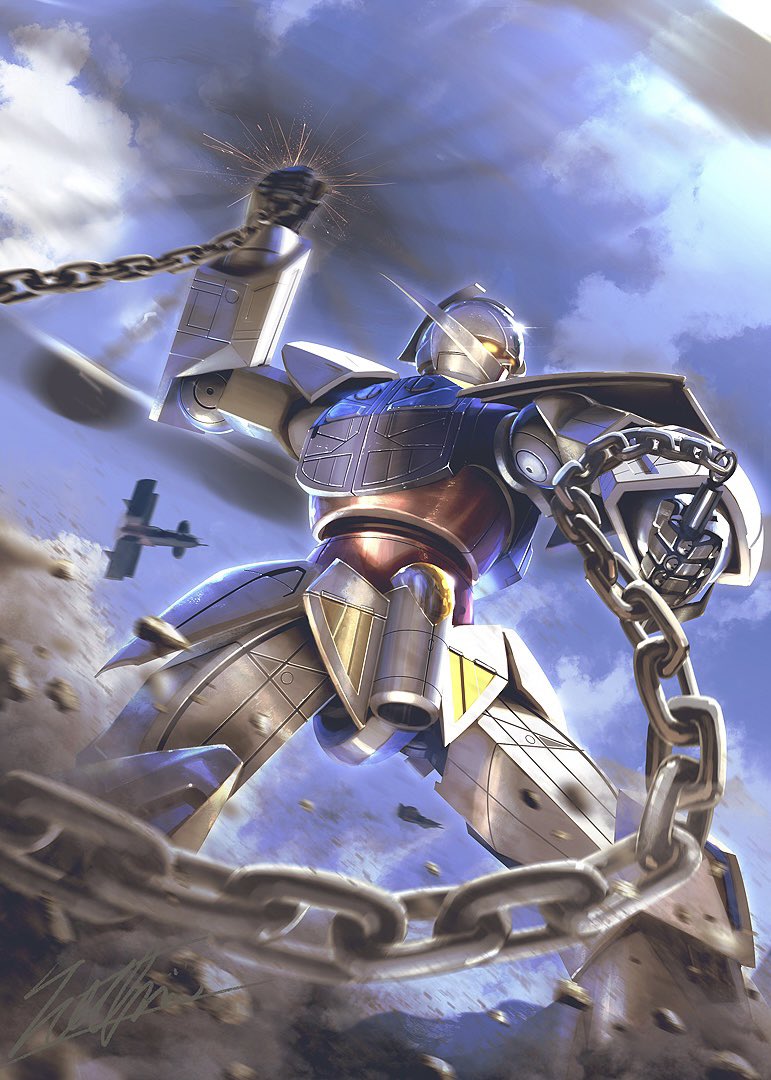 aircraft airplane ball_and_chain_(weapon) biplane clouds flying glowing glowing_eye gundam holding holding_weapon mecha mobile_suit no_humans orange_eyes signature sky solo totthii0081 turn_a_gundam turn_a_gundam_(mobile_suit) weapon
