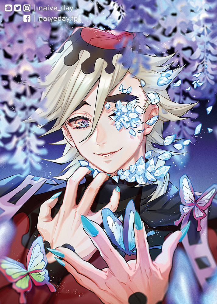 1boy bangs black_hair blonde_hair blue_background blue_butterfly blue_nails blurry bug butterfly depth_of_field dissolving douma_(kimetsu_no_yaiba) fingernails flower hair_between_eyes hands_up ice kimetsu_no_yaiba light_particles long_fingernails long_sleeves looking_at_viewer male_focus medium_hair multicolored_eyes multicolored_hair naive_(day) parted_lips print_hair rainbow_eyes reaching_out red_shirt redhead sharp_fingernails shirt smile solo streaked_hair text_in_eyes tight tight_shirt turtleneck twitter_username upper_body wisteria