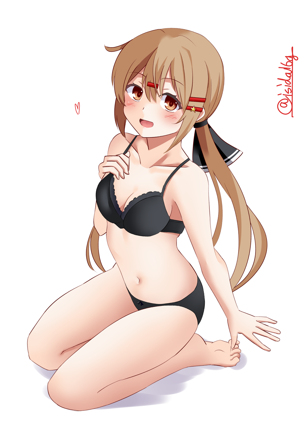 1girl black_bow black_bra black_panties blush bow bra breasts brown_eyes brown_hair commentary from_above hair_bow highres ishida_arata kantai_collection long_hair looking_at_viewer looking_up low_twintails medium_breasts open_mouth panties simple_background sitting smile solo tashkent_(kancolle) twintails twitter_username underwear wariza white_background