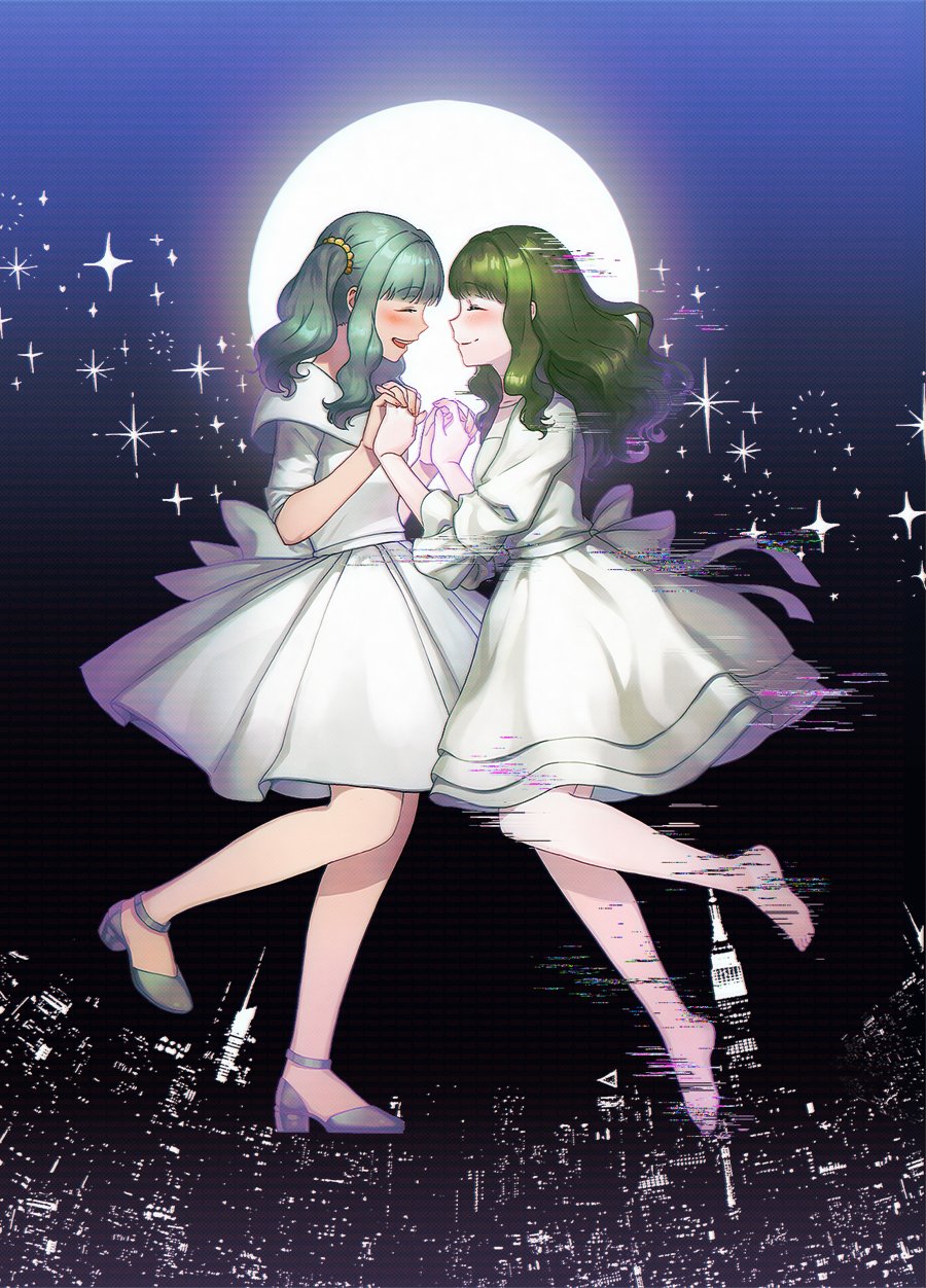 2girls ai-chan_(magia_record) ankle_strap back_bow bangs bare_legs barefoot blanket_w blunt_bangs bow city city_lights cityscape closed_eyes collarbone collared_dress dark_background dress face-to-face fingernails floating_hair frilled_sleeves frills full_body full_moon futaba_sana glitch green_hair hair_bobbles hair_ornament happy highres holding_hands interlocked_fingers knees_together_feet_apart laughing layered_dress light_blush light_particles magia_record:_mahou_shoujo_madoka_magica_gaiden mahou_shoujo_madoka_magica medium_hair moon moonlight multiple_girls open_mouth pleated_dress profile puffy_sleeves pumps shiny shiny_hair short_dress sidelocks smile sparkle teeth twintails upper_teeth wavy_hair white_bow white_dress