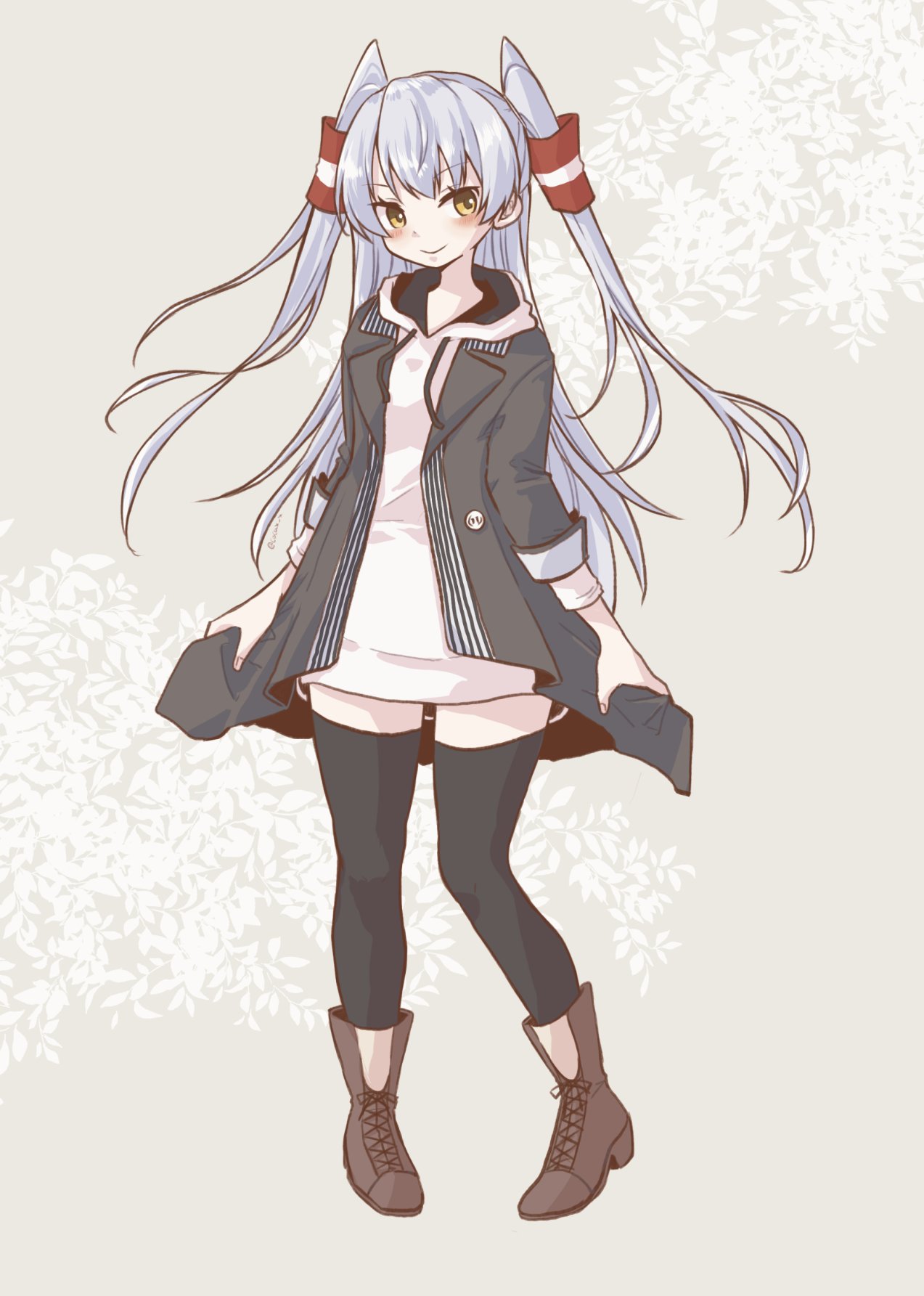 1girl amatsukaze_(kancolle) black_jacket black_legwear blush boots brown_footwear closed_mouth cocax_x full_body hair_tubes highres hood hooded_jacket jacket kantai_collection long_hair long_sleeves official_alternate_costume silver_hair smile solo thigh-highs two_side_up windsock yellow_eyes