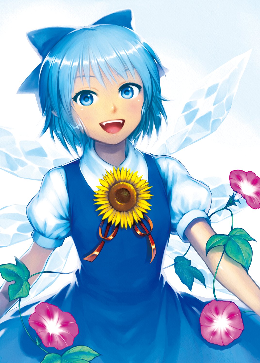 1girl :d artist_name blue_bow blue_dress blue_eyes blue_hair bow cirno commentary_request dress flower hair_bow highres ice ice_wings kageharu looking_at_viewer morning_glory open_mouth plant puffy_short_sleeves puffy_sleeves revision short_hair short_sleeves smile solo sunflower tan tanned_cirno touhou vines wings