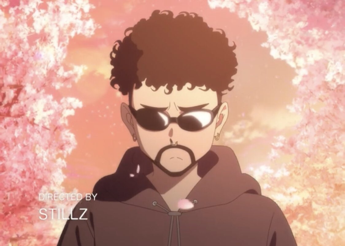 1boy anime_screencap bad_bunny beard black_hair black_hoodie cherry_blossoms curly_hair earrings facial_hair foreground_text frown hood hood_down hoodie jewelry male_focus nose_piercing nose_ring official_art petals piercing real_life sky solo sunglasses third-party_source upper_body