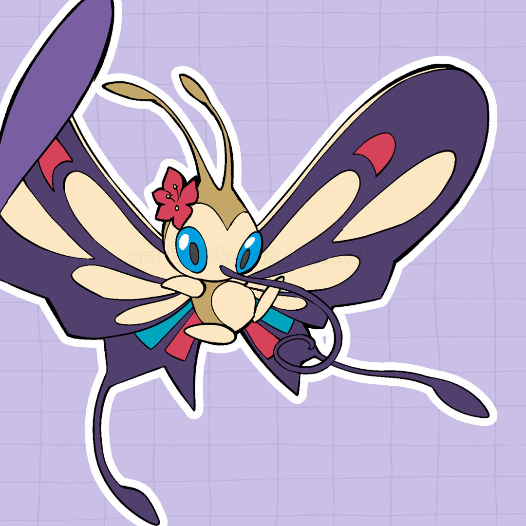 alternate_color beautifly blue_eyes bug butterfly commentary flower grid_background kelvin-trainerk looking_down outline pokemon pokemon_(creature) purple_background red_flower shiny_pokemon solo twitter_username watermark