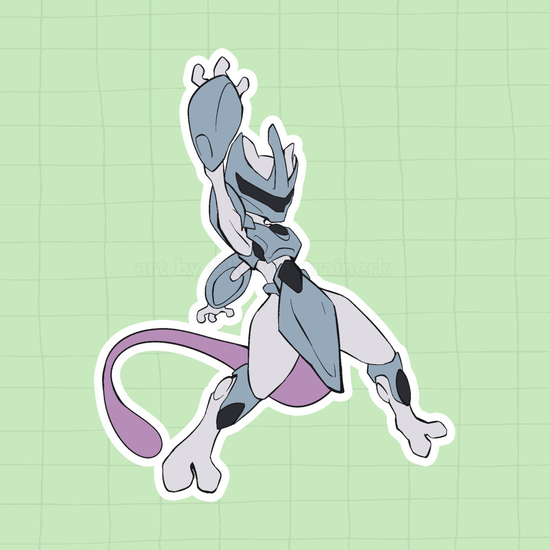 arm_up armor commentary full_body green_background grid_background kelvin-trainerk legs_apart mewtwo outline pokemon pokemon_(anime) pokemon_(classic_anime) pokemon_(creature) solo twitter_username watermark