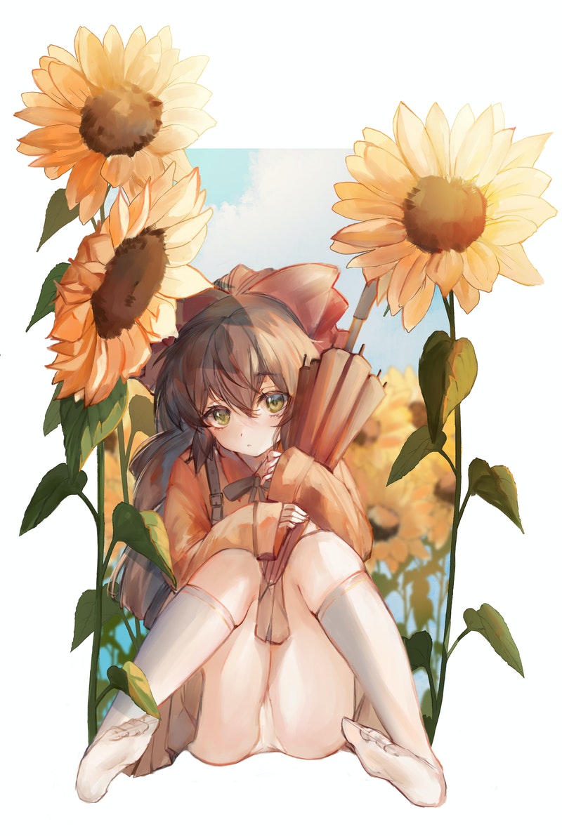 1girl artist_request bow brown_hair closed_mouth clouds flower full_body green_eyes hair_bow long_hair looking_at_viewer orange_shirt panties ponytail scryed shirt skirt solo sunflower thigh-highs underwear white_panties yuuta_kanami