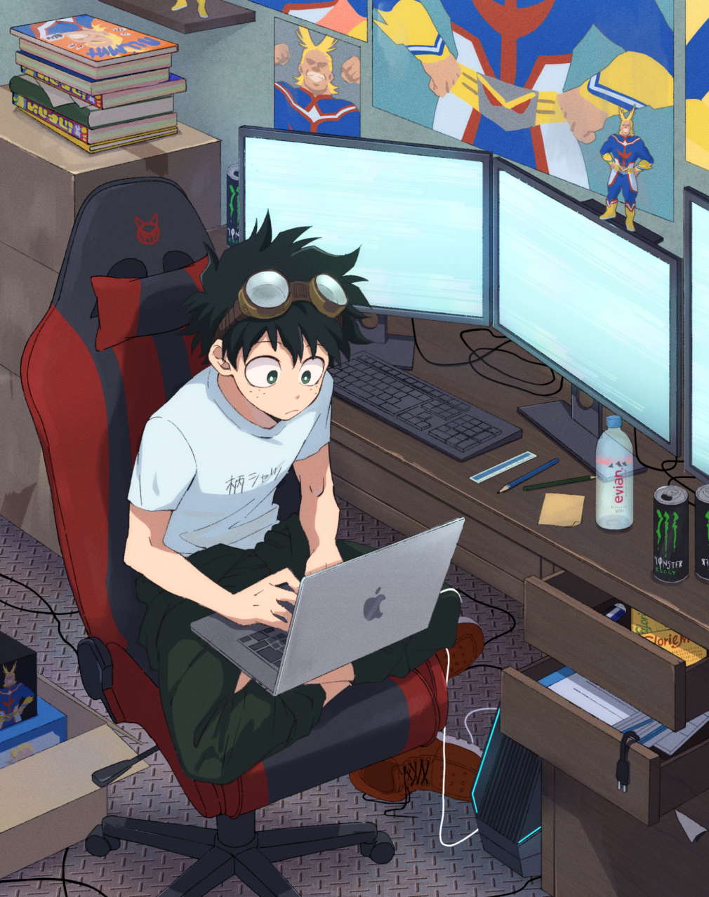 1boy akiyama_(noconoco) all_might bangs boku_no_hero_academia book book_stack bottle box can cardboard_box chair computer desk energy_drink freckles gaming_chair goggles goggles_on_head green_eyes green_hair highres indian_style laptop logo midoriya_izuku poster_(object) product_placement short_hair sitting solo water_bottle