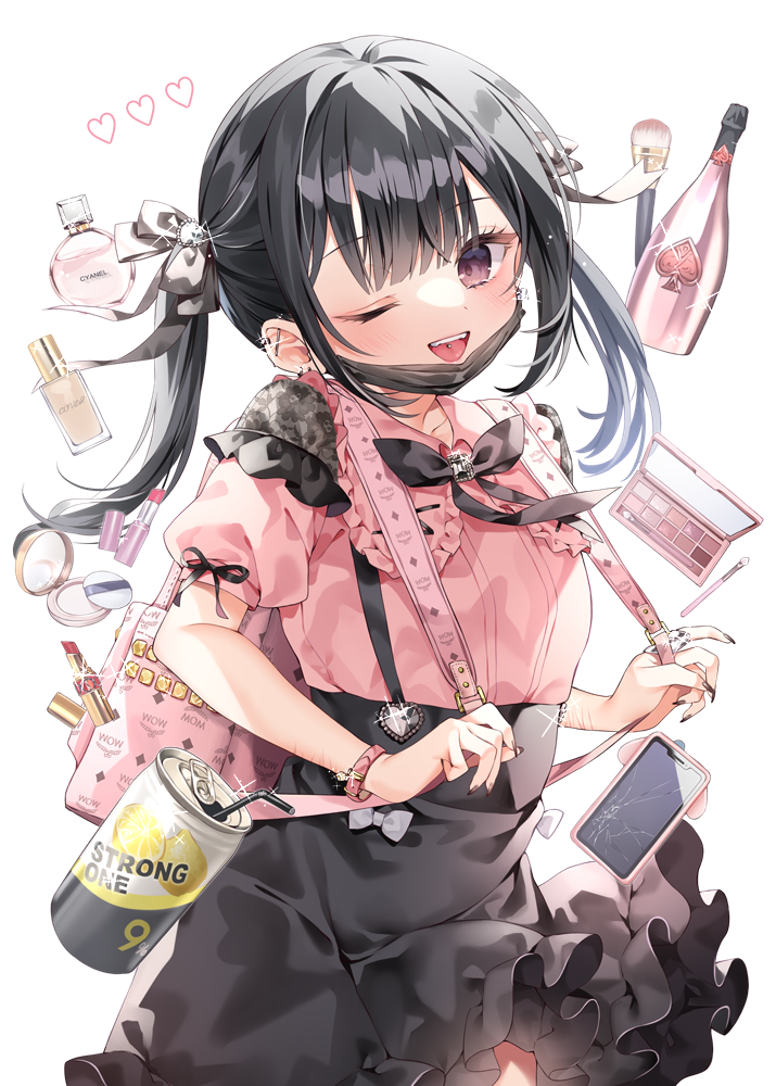 1girl ;d backpack bag bendy_straw black_bow black_hair black_skirt bottle bow brown_eyes cellphone chihiro_(khorosho) collared_shirt commentary_request cosmetics cracked_screen drinking_straw frilled_shirt_collar frilled_skirt frills hair_bow hand_mirror heart lipstick_tube long_hair looking_at_viewer makeup_brush mask mask_pull mirror mouth_mask one_eye_closed original perfume_bottle phone piercing pink_shirt puffy_short_sleeves puffy_sleeves shirt short_sleeves simple_background skirt smile solo strong_zero tongue_piercing twintails white_background