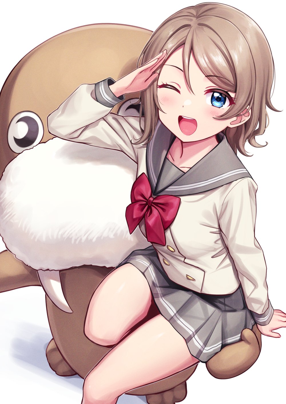 1girl :d bangs blue_eyes blush bow breasts collarbone deadnooodles eyebrows_visible_through_hair grey_skirt highres legs light_brown_hair long_sleeves looking_at_viewer love_live! love_live!_sunshine!! mascot_costume medium_breasts one_eye_closed open_mouth pleated_skirt red_bow sailor_collar salute school_uniform shirt short_hair simple_background skirt smile teeth uchicchii upper_teeth watanabe_you white_background white_shirt