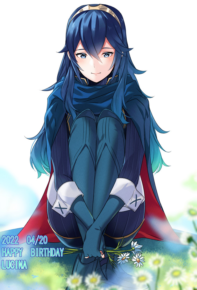 1girl ameno_(a_meno0) bangs blue_eyes blue_gloves blue_hair blue_pants blue_shirt blurry blurry_foreground cape character_name closed_mouth commentary daisy dated elbow_gloves fingerless_gloves fire_emblem fire_emblem_awakening flower full_body gloves gold_hairband hair_between_eyes happy_birthday holding holding_flower knees_to_chest legs_together light_smile long_hair lucina_(fire_emblem) own_hands_together pants shirt sidelocks sitting solo symbol_in_eye tiara wavy_hair