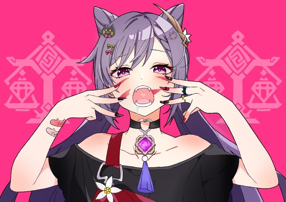 1girl animal_(vocaloid) bandaid bandaid_on_arm bare_shoulders black_nails black_shirt blush bow cat cat_hair_ornament choker collarbone drooling facial_mark fangs flower genshin_impact hair_bow hair_ornament hairclip half-closed_eyes heart heart_choker keqing_(genshin_impact) nail_polish off_shoulder open_mouth pink_background purple_hair red_nails shirt simple_background solo twintails violet_eyes vision_(genshin_impact) zefw4852