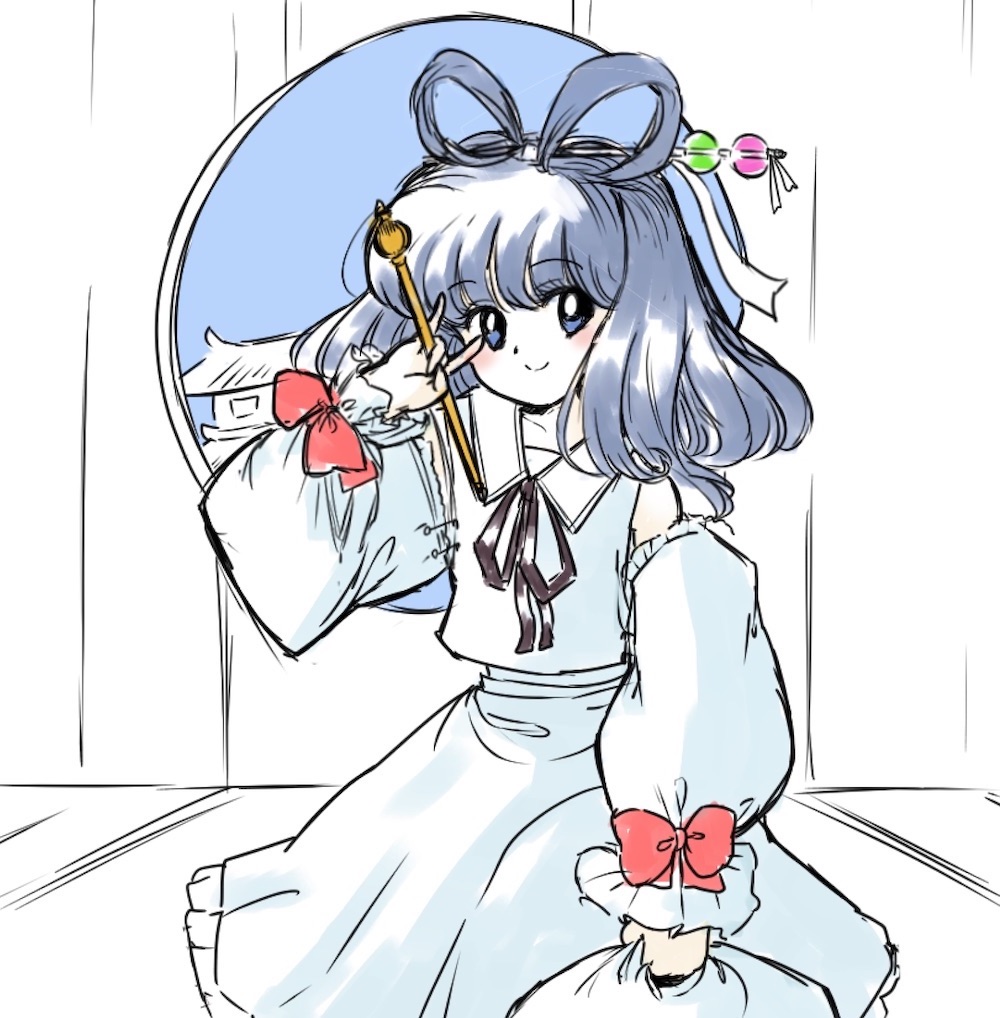 1980s_(style) 1girl bangs black_ribbon blue_eyes blue_hair blue_shirt blue_skirt blush bow closed_mouth collared_shirt hair_ornament hair_rings hair_stick happy kaku_seiga long_sleeves medium_hair one-hour_drawing_challenge red_bow retro_artstyle ribbon round_window shirt sketch skirt smile takemoto_izumi_(style) touhou window z67y97t87gyihy