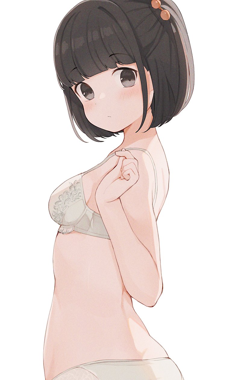 1girl belly black_eyes black_hair blush bob_cut bra breasts clenched_hand closed_mouth expressionless eyebrows_visible_through_hair hair_bobbles hair_ornament hand_up highres hiroki_(yyqw7151) looking_at_viewer looking_back medium_breasts original panties underwear white_background white_bra white_panties